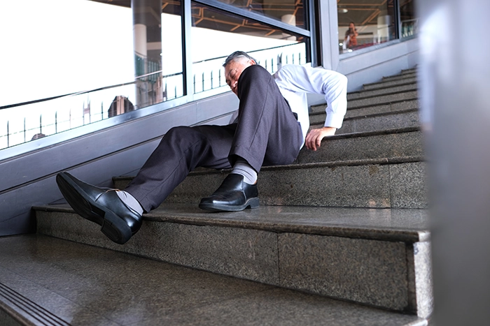An old man falls down the stairs and is injured.